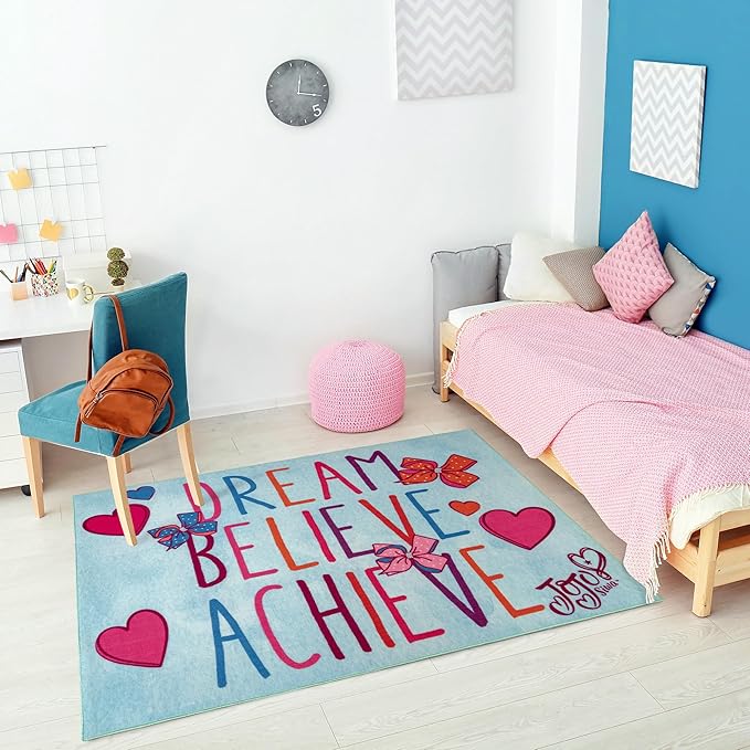 Gertmenian JoJo Siwa Indoor Area Rug - 4x6 Large, Non-Slip, Ideal for Children in Bedroom, Game Room, Classroom, Nursery or Play Area - Dream Believe Achieve, 31199