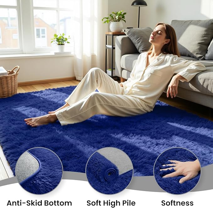 8x10 Area Rug for Living Room, Ultra Soft Fluffy Blue Rugs for Bedroom, Non Slip Large Shag Carpet, Fuzzy Plush Nursery Rug, Thick Washable Indoor Floor Carpets for Kids Office Dorm Home Decor