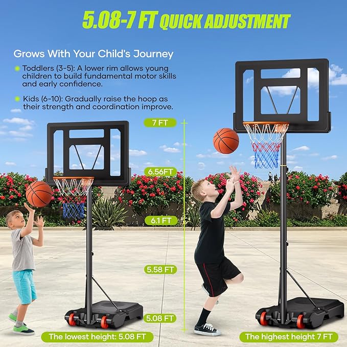 Asbest Kids Basketball Hoop Outdoor, 5.08-7 FT Adjustable Height, Portable Basketball Hoop for Kids in Backyard, Driveway and Indoor, Shatterproof PC Backboard