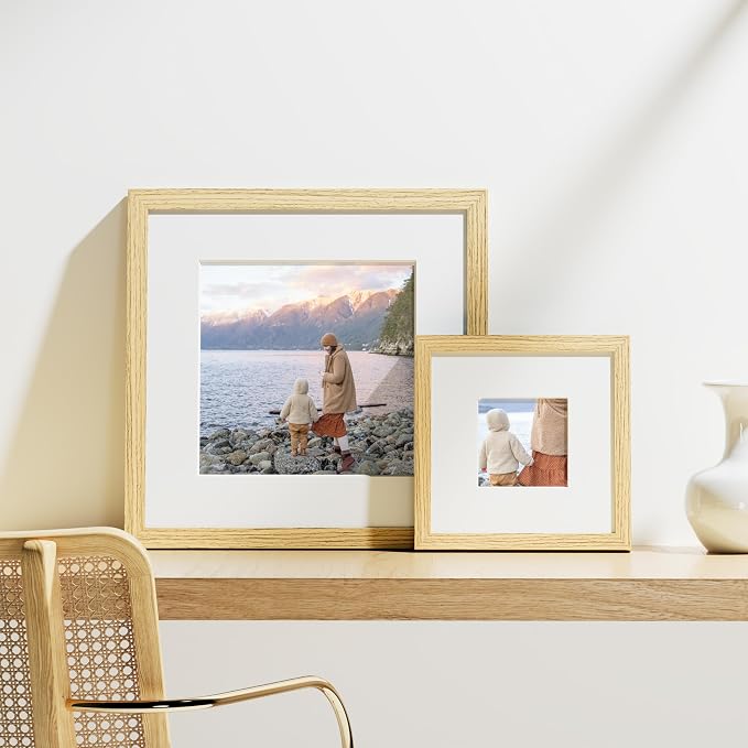 Vittanly 8x8 Picture Frames Set of 9 for Wall or Tabletop Display, OAK | Display Pictures 4x4 with Mat or 8x8 without Mat for Wall Mounting, Square Photo Frames for Home Decor, Engineered Wood