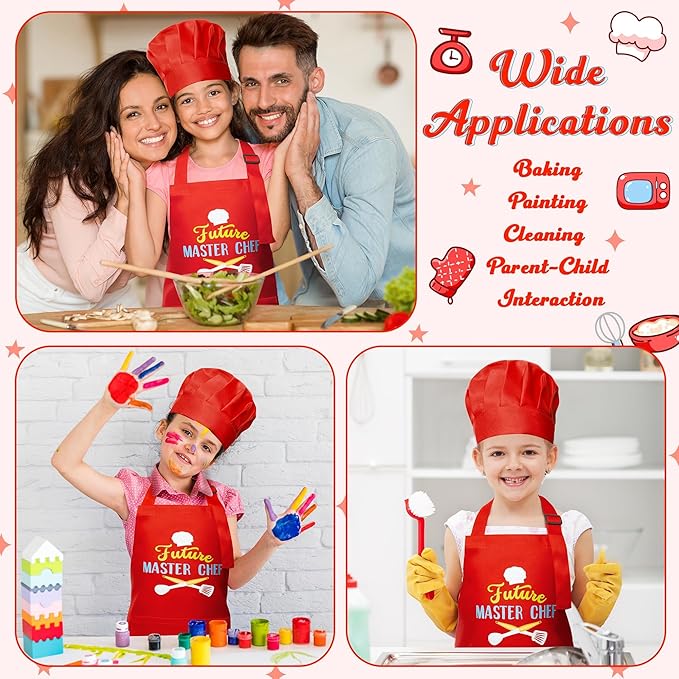 R HORSE 2Pcs Kid Apron and Chef Hat Set, Adjustable Children Red Kitchen Toddler Apron for Girls, Cooking Baking Painting and Training Kits Role Play Chef Toy Funny Cooking Gift Birthday Gift for Kids