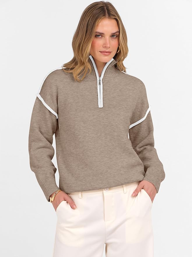 ANRABESS Womens Quarter Zip Sweaters Fall Long Sleeve V Neck Shirts Collared Business Casual Tops Knit Pullover Sweatshirts