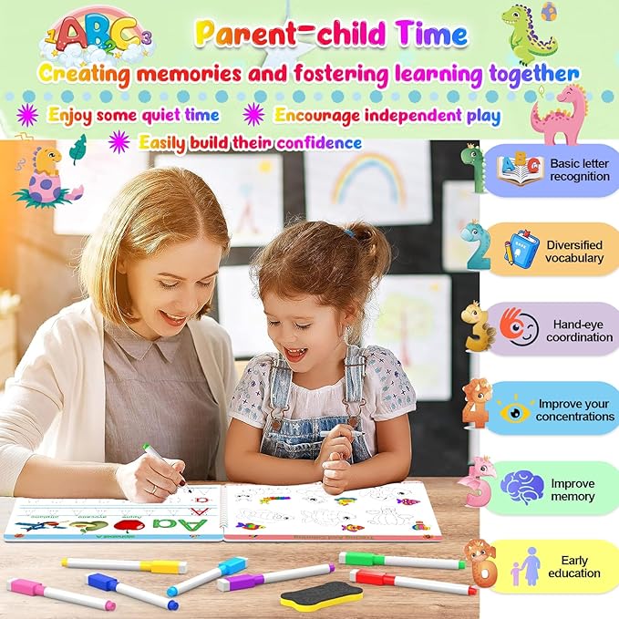 Montessori Preschool Learning Tracing Workbook - Toddler Handwriting Practice Letter and Numbers Busy Activity Book Dry Erase, Autism Materials Prek Educational Learning Toy for Kids Age 3 4 5