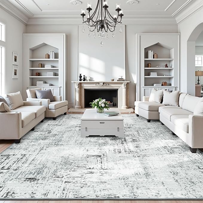 Rugflix 9x12 Area Rugs for Living Room, Washable Blue Grey Large Rug | Machine Washable; Stain-Resistant; Low Pile; Non-Slip; Modern Abstract; Carpet for Bedroom Dining Office Nursery Home