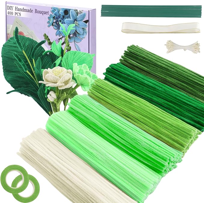 Green Pipe Cleaners, Pipe Cleaners Craft,400 Pieces Pipe Cleaner Flowers for Crafting 6 Colors Cleaner with 20 Pieces Green Craft Thread, Ribbon, Tape,DIY Art and Craft Projects Creative Gift