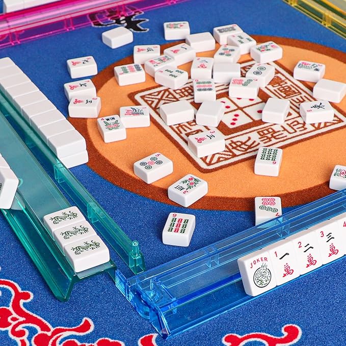 American Mahjong Game Set, 166 Quality White Tiles, 4 All-in-One Color Rack/Pushers, Complete Mahiong Tile Set Black Printed Carrying Bag