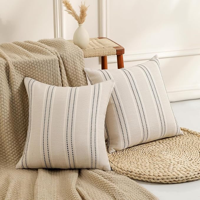 Hckot Stripe Throw Pillow Covers 26x26 Large Square Grey Pillow Covers | Farmhouse Decorative Pillows Textured Linen Euro Sham Cushion Covers for Sofa Couch Bed Living Room Decor