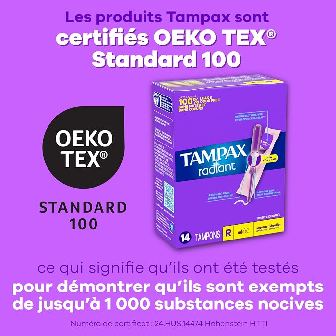 Tampax Radiant Tampons for Women Multipack,with LeakGuard Braid,Regular/Super Absorbency,Unscented,84 Count (Pack of 2)