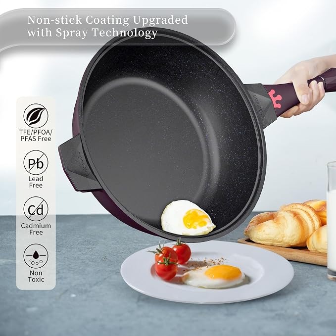 TIBORANG 11 Inch Nonstick Frying Pan with Lid,8-in-1 Multipurpose Cookware | 5 Qt Deep Sauté Pan Skillet with Steamer, Dishwasher & Oven Safe, Induction Compatible, Stay-Cool Handle, Midnight Purple