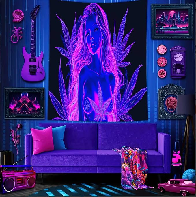 Bcsewcg Blacklight Tapestry, Women Sexy Purple Blacklight Art Wall Hanging, UV Glow in the Dark Hot Girl Poster for Adults Room Bedroom Dorm Wall Decor