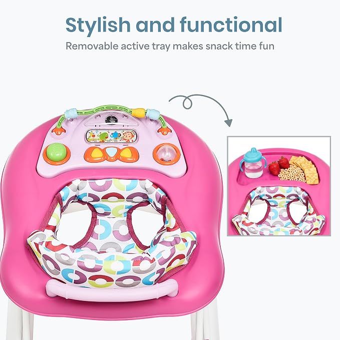 Dream On Me Go-Getter Baby Walker with Rear Push Handle, 2-in-1 Activity Walker and Walk-Behind, 3 Height Adjustments, Easy to Fold, Machine-Washable Seat Pad, Detachable Fun Tray, Pink
