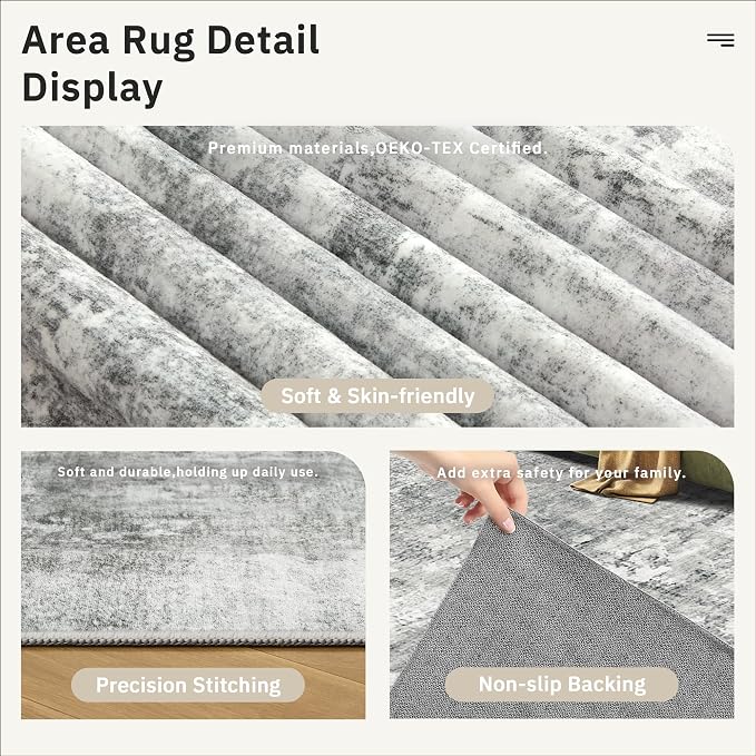 Soalmost Abstract Area Rug 6x9 for Living Room Washable Rugs Gray/White | Non-Slip Low-Pile Carpet for Dining Bedroom, Foldable Thin Vintage Stain Resistant Floor Mat Under Table Home Office Nursery