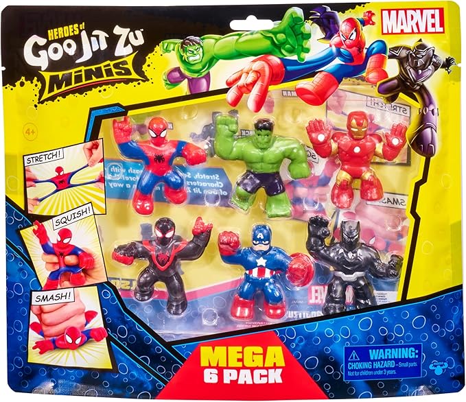 Heroes of Goo Jit Zu Marvel Mega Mini 6 Pack - Superhero Toys, Squishy, Stretchy, Gooey Mini Heroes - Ironman, Spider-Man, Captain America, Miles Morales, Hulk and Black Panther