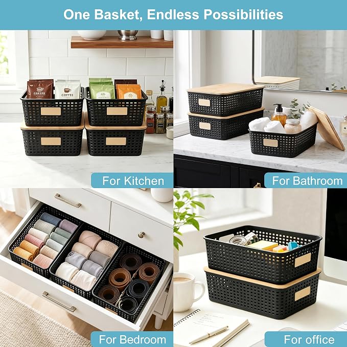 4 Pack Plastic Storage Bins with Bamboo Lids, 6.2qt Stackable Storage Organizer Box with Lable for Pantry Shelves Drawers Desktop Office, 12"L x 8.3"W x 3.5"H, Black