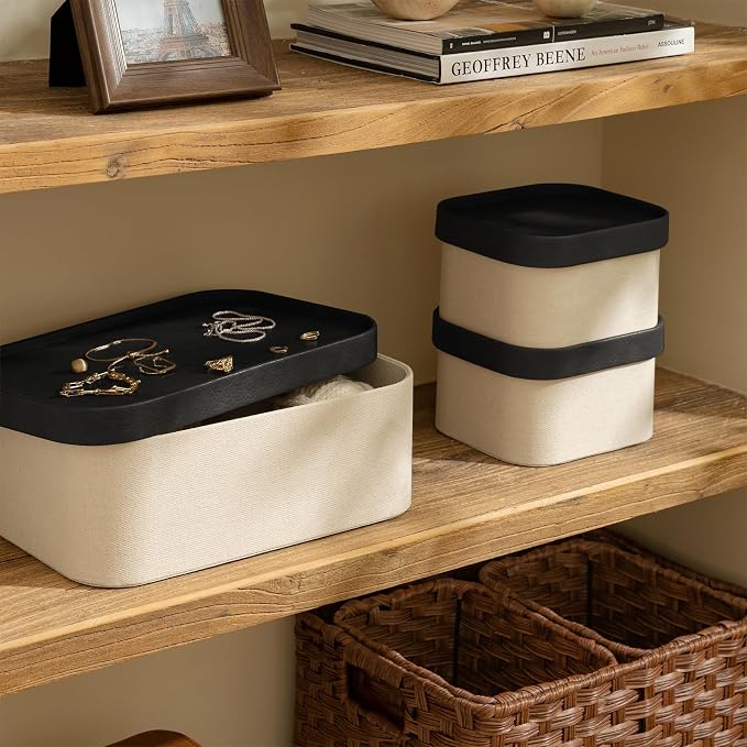 LA JOLIE MUSE Decorative Storage Boxes with Lids, Black & Beige 3 Pack | Vegan Leather Lids, Fabric Covered Storage Basket for Home, Organizer for Jewelry, Shelves, Bedroom & Closet Memory Box