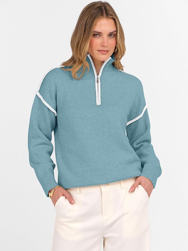 ANRABESS Womens Quarter Zip Sweaters Fall Long Sleeve V Neck Shirts Collared Business Casual Tops Knit Pullover Sweatshirts