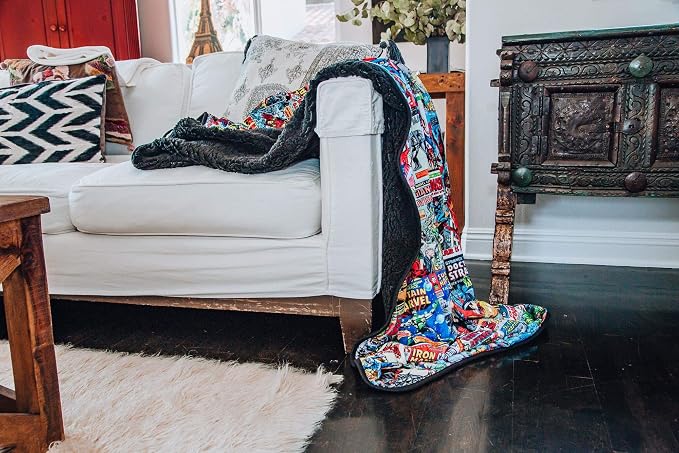 Marvel Comics Oversized Fleece Throw Blanket With Spider-Man, Captain America, Black Panther, More | Superhero Geeky Home Decor | Soft And Cozy Sherpa Blanket | 54 x 72 Inches