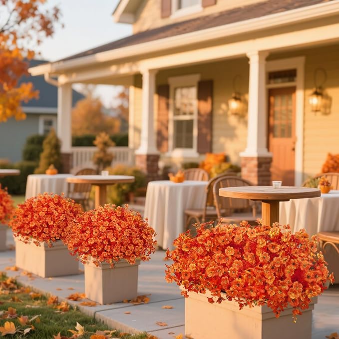 Ouddy Decor 24 Pcs Artificial Fall Flowers for Outdoors, Bright Orange | Lifelike faux mums, silk flower, UV resistant, no-maintenance, for autumn Thanksgiving garden porch yard indoor outdoor decor