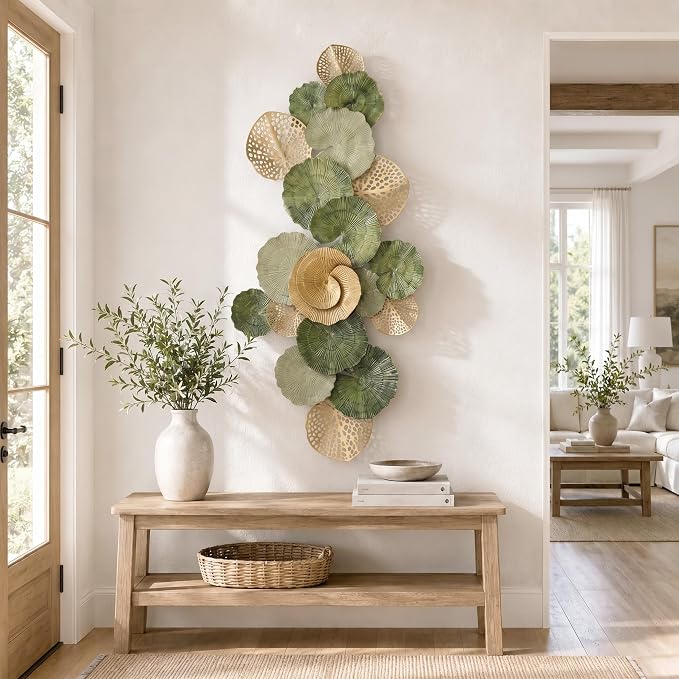 Axioglo 51" Large Wall Decor 3D Lotus Leaf Metal Wall Art for Living Room | 51" x 25" metal wall decor with layered metal texture, mounting hardware, two-way display