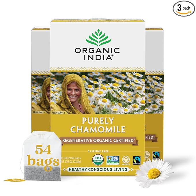 Organic India Purely Chamomile Tea - Regenerative Organic Chamomile Flowers, Caffeine Free, Calming & Relaxing Herbal Tea, Natural Support for Sleep & Relaxation - 18 Bags, Pack of 3