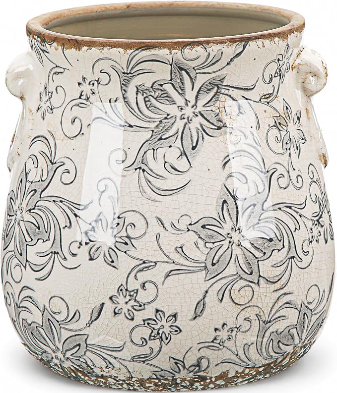 Ceramic Scroll Planter 6.5 Inch Chinoiserie Floral Vase with Drainage Holes Vintage Flower Vase Flower Pot Rustic Ceramic Pots for Indoor Plants Garden Home Bookshelf Decor(Gray Camellia)