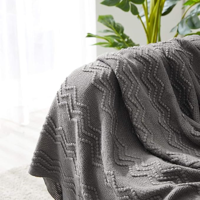 BOURINA Dark Grey Throw Blanket 50x90 Inch Boho Knit Soft Throw Bed Blanket | Knitted Throw Blanket 50x90 Inches, Soft Lightweight Boho Weave Throw Decorative Couch Blanket for Living Room Bed Runner