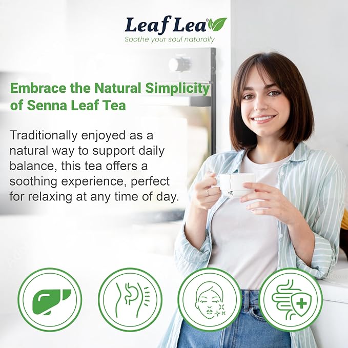 LeafLea Senna Leaf Tea Bags, Herbal Laxative Tea for Constipation, 40 Ct | Single-Ingredient Senna Leaf, Caffeine-Free, Sugar-Free, Gluten-Free, Non-GMO, Vegan, Individually Foil-Wrapped
