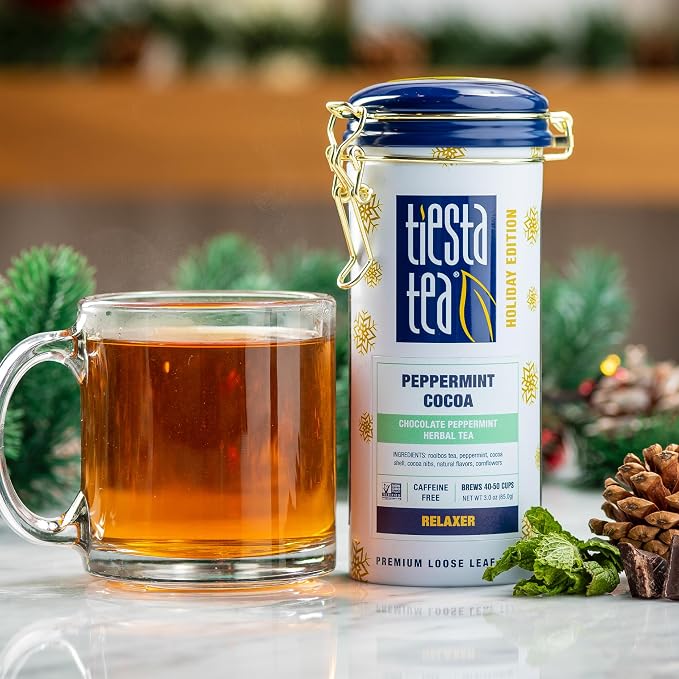 Tiesta Tea - Brewmaster and Cozy Fireside Tea Gift Set, Non-Caffeinated Loose Leaf Holiday Tea Blends with Infuser, Includes 16oz Tea Infuser & 2 Refillable Tins, Fireside Spice & Peppermint Cocoa