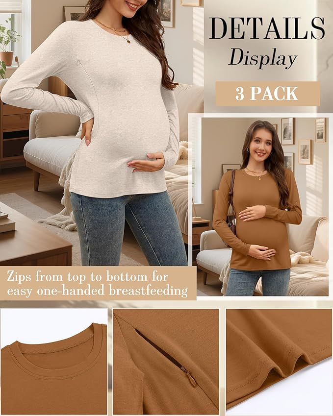3 Pack Nursing Tops for Breastfeeding Maternity Shirts Zipper Long Sleeve Round Neck Knit Casual Nursing Clothes