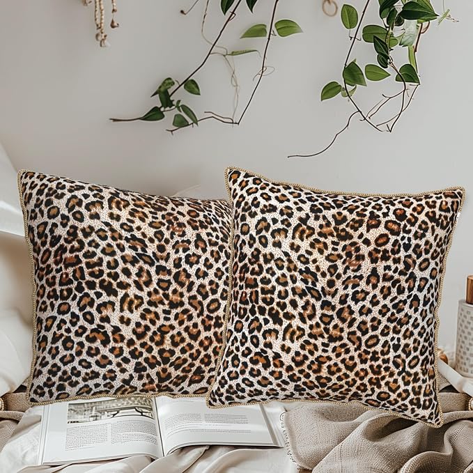KSLIDS Leopard Print Faux Fur Soft Velvet Throw Pillow Covers Set of 2 Brown Black Cheetah Decorative Pillow Covers 20x20 Inch Animal Pillow Case for Sofa Couch Bedroom Farmhouse Home Decor