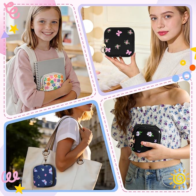 Period Bag for Teen Girls, Neoprene Cute Sanitary Napkin Storage Bag, Floral Menstrual Pad Pouch Tampon Holder (Bow Floral)