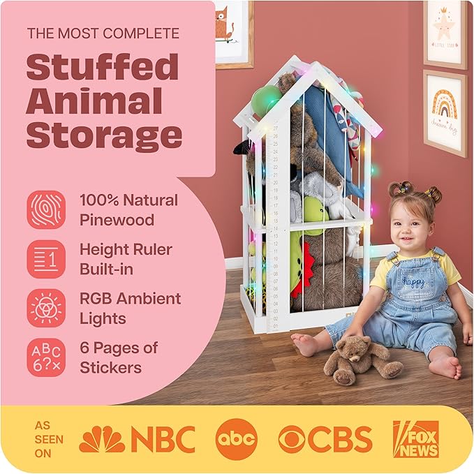Stuffed Animal Zoo Storage Cage | Wooden Plush Tower Storage | Durable Plush Toy Stuffie Holder | Vertical Jail Organizer With Height Ruler, Stickers & Rgb Light (White)