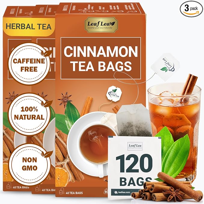 LeafLea Cinnamon Tea Bags, Warming Spice Family Value, 120 Count | Pure Single-Ingredient Cinnamon, Sugar-Free, Caffeine-Free, Individually Foil-Wrapped, 3-Box Stock-Up, Vegan, Non-GMO