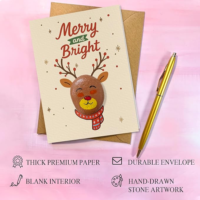 Handmade Christmas Pebble Card – Cute Reindeer “Merry and Bright” Design – Unique Holiday Greeting Card with Pebble Art – Fun Christmas Card for Kids, Friends, Family, Teachers, or Coworkers