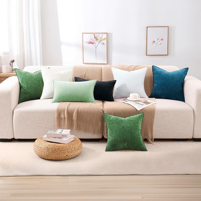 decorUhome Chenille Sage Green Velvet Throw Pillow Covers 22x22 Set of 2 | Fall Soft Euro Sham Couch Decorative Modern Farmhouse Pillow Cases with Elegant Design for Sofa Bed Living Room Home Decor