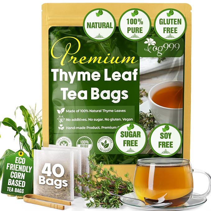 TOG999, Premium 40 Thyme Leaf Tea Bags, 100% Natural & Pure Thyme Leaves. Loose Leaf Thyme Herbal Tea. Thyme Leaf Tea. No Sugar, No Caffeine, No Gluten, Vegan.