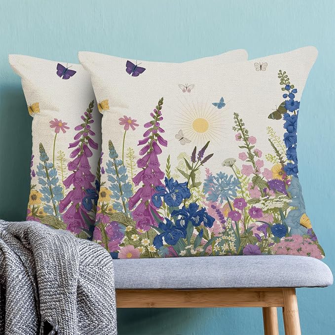 AEIOAE Spring Pillow Covers 18x18 Inch Set of 2, Navy Blue Sage Green Pink Wild Flower Throw Pillows Case,Seasonal Floral Plant Outdoor Decorative Farmhouse Decor Cushion Covers for Sofa Bed Couch