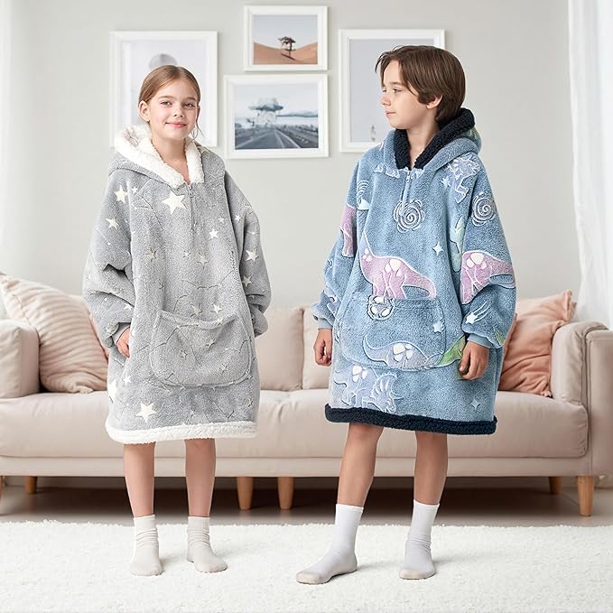 Giggling Getup Glow in The Dark Wearable Blanket Hoodie for Girls and Boys Warm Cozy Sherpa Fleece Hooded Blanket Sweatshirt Oversized Hoodie with Giant Pocket & Sleeves for Kids Cat