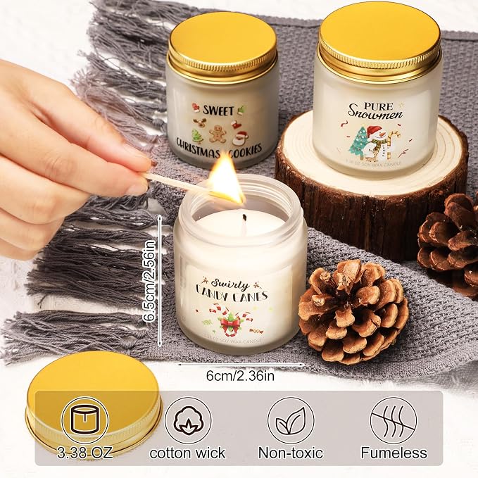 4 Pcs Christmas Scented Candles Gift Set 3.38 oz Mini Soy Wax Xmas Fresh Aromatherapy Holiday Jar Candle Gifts Christmas Tree Cookies Candy Cane Snowman Scent for Women Men