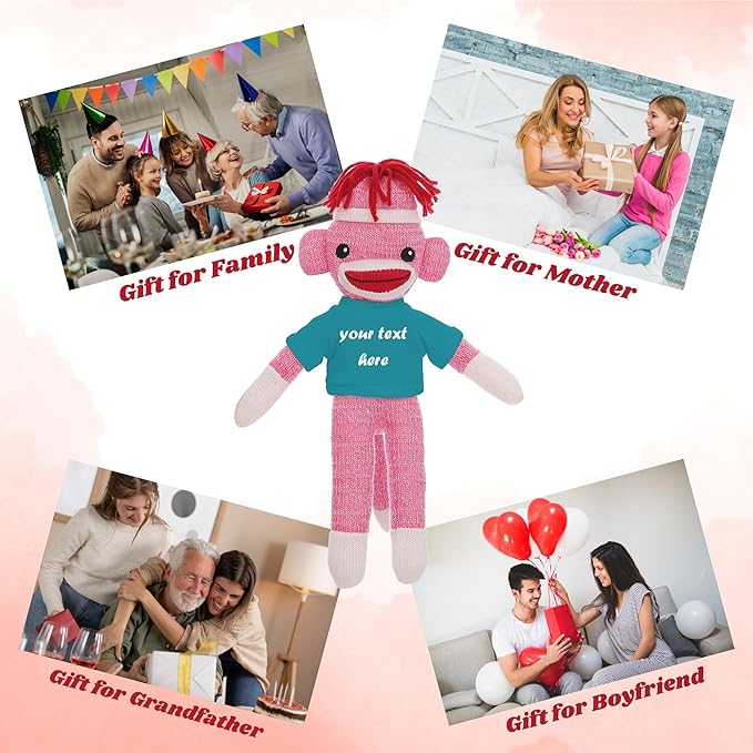 Huggable Pink Sock Monkey 8 Inch, Plush Stuffed Animal Personalized Gift-Custom Text on Shirt-Perfect for Halloween Day, Valentine's Day, Graduation Day, or Birthday Present (Teal)