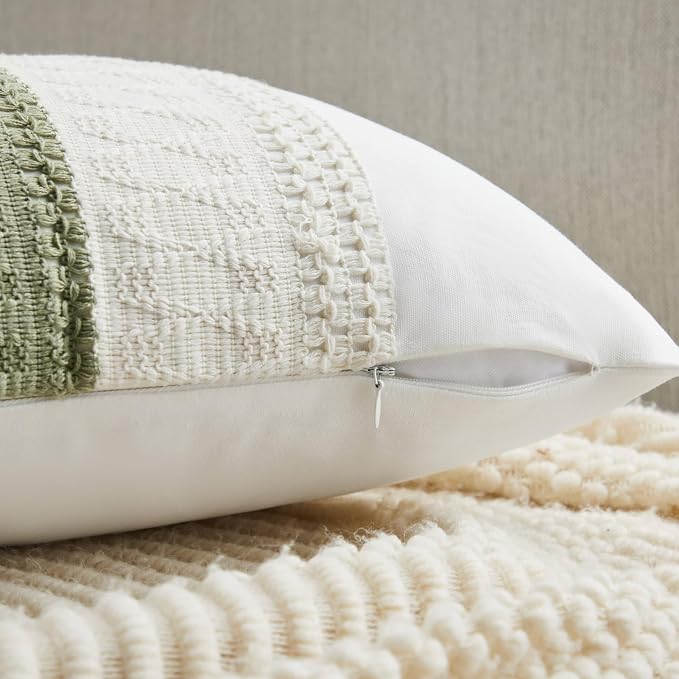 2pk Boho Pillow Covers 24x24, Natural White/Contrast/Green | 100% Organic Cotton Body, Stripe Embroidery, Farmhouse Decorative Cushion Covers for Sofa Bed Living Room Home Decor