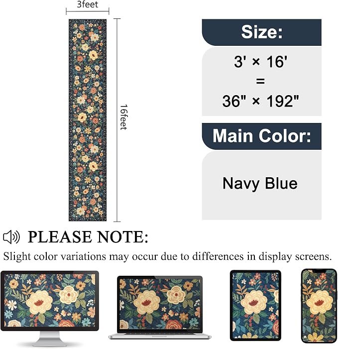 DUKINO 3x16 Runner Rug for Hallway, Non Slip Long Washable Rug, Navy Blue | Non Slip, Low Pile, Soft Floral Indoor Runner Rug for Kitchen, Entryway, Bedroom, Bathroom, Pet Friendly, Modern Home Decor