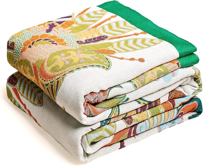 VANJOROY Boho Throw Blanket, 100% Organic Cotton Breathable Skin-Friendly Ultra Soft Bed Quilt Throw - All Season Floral Bird Farmhouse Décor Luxury Blanket for Sofa Couch Chair and Gift. 91" x 98"