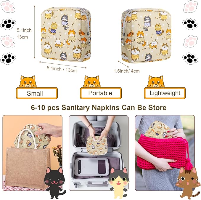 Likesing Period Bag Pouch, Canvas Sanitary Napkin Storage Bag for Girls Womens, Portable Sanitary Napkin Period Pad Pouch for Purse, Small Make Up Bags(Khaki Cat)