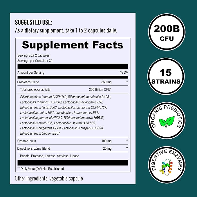 UpNourish Probiotics - 200 Billion CFUs for Men and Women, 15 Clinically Studied Strains, Prebiotics & Enzymes - 60 Vegan Capsules