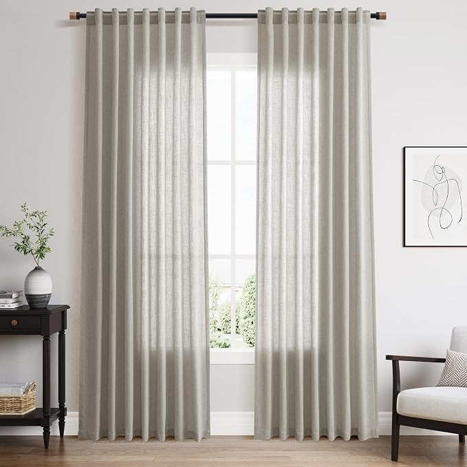 Silver Grey Linen Back Tab Curtains 84 Inch Length for Bedroom Neutral Modern Farmhouse Window Privacy Semi Sheer Linen Drapes Rustic Pinch Pleated Look Curtain for Living Room 52x84,2 Panel