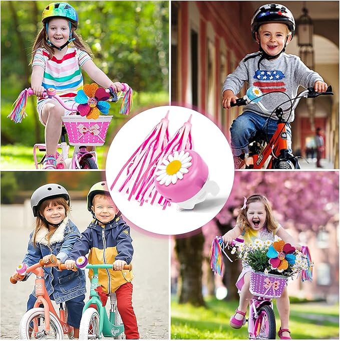 kortes 1 Pack Kids Bike Bell and 2 Pack Kids Bike Streamers for Children's Bike Accessories (Pink, Red,& Blue)