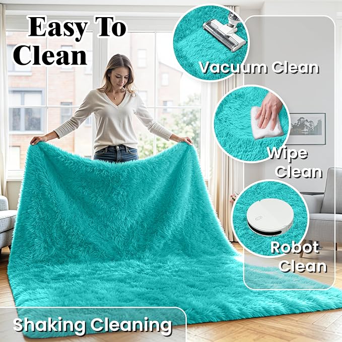 8x10 Area Rug for Living Room, Ultra Soft Fluffy Turquoise Rugs for Bedroom, Non Slip Large Shag Carpet, Fuzzy Plush Nursery Rug, Thick Washable Indoor Floor Carpets for Kids Office Dorm Home Decor