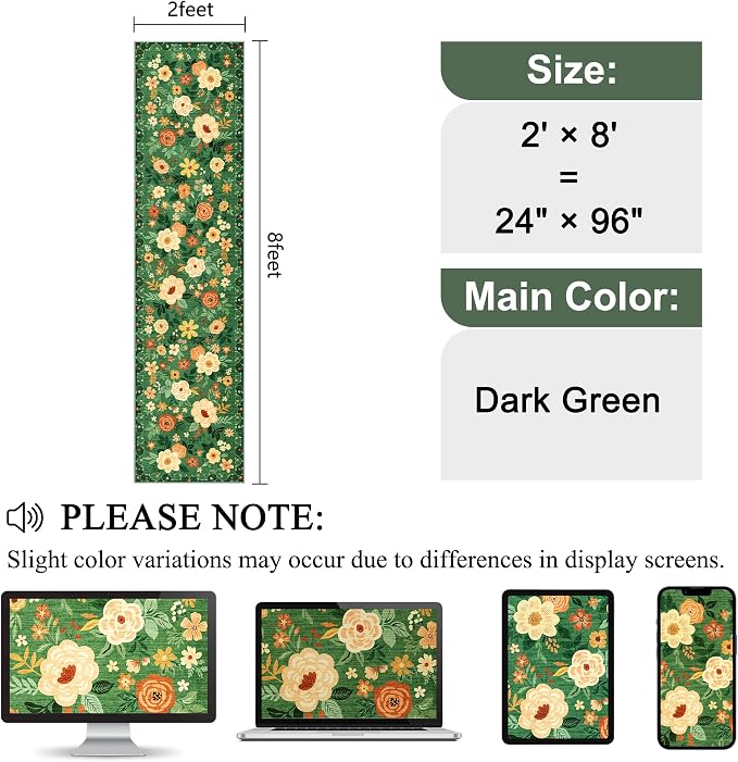 DUKINO 2x8 Runner Rug, Washable Runner Rug for Kitchen Non Slip, Dark Green | Low Pile, Floral, Soft Indoor Rug for Hallway, Entryway, Bedroom, Bathroom, Pet Friendly, Stain Resistant, Modern Home Decor