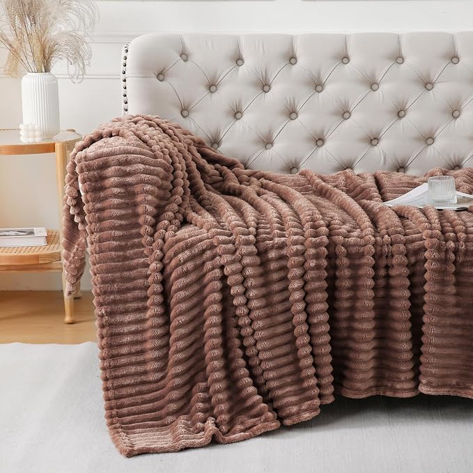 Chocolate Throw Blanket for Couch Sofa 108x90 inches Striped Design | Fleece Blankets Room Home Decor Lightweight Plush Soft Cozy Gifts for Women Mom